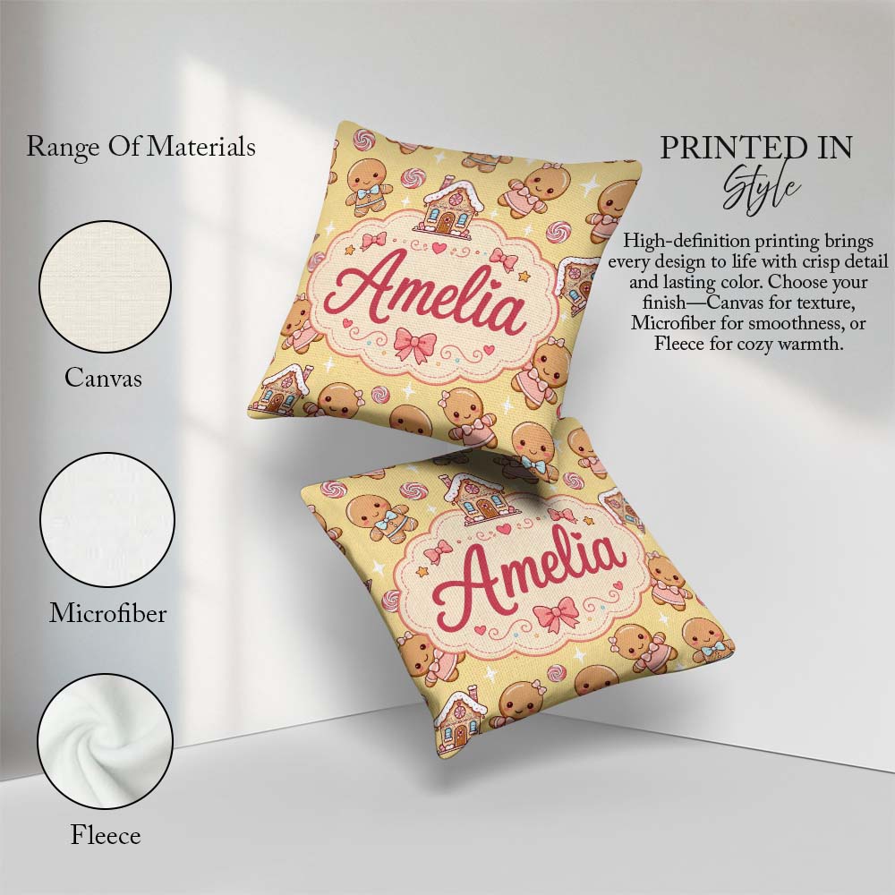 Custom Name Cute Christmas Characters Candy House Pattern Yellow Square Filled Cushion Throw Pillow Sofa Bed Home Decor Zip Washable UK Made