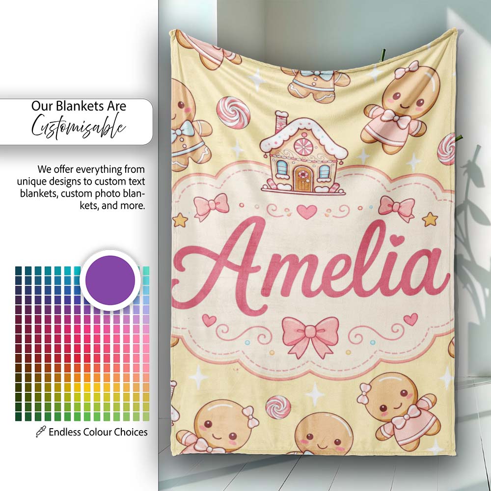 Cute Christmas Gingerbread Characters Candy House Pattern Yellow  Personalised Custom Name Super Soft Fleece Blanket Bed Sofa Throw