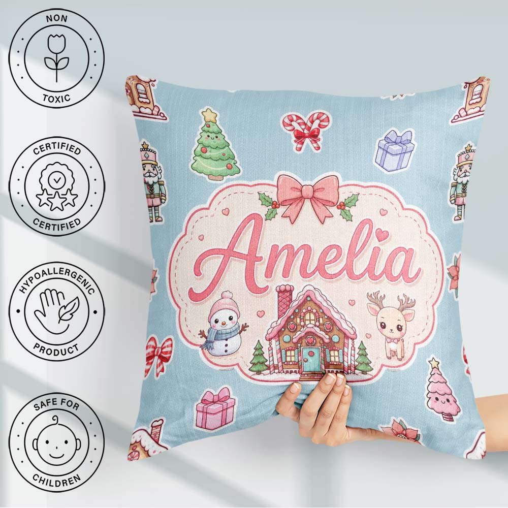 Custom Name Christmas Festive Stickers Snowman Tree Pattern Blue Square Filled Cushion Throw Pillow Sofa Bed Home Decor Zip Washable UK Made