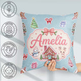 Custom Name Christmas Festive Stickers Snowman Tree Pattern Blue Square Filled Cushion Throw Pillow Sofa Bed Home Decor Zip Washable UK Made