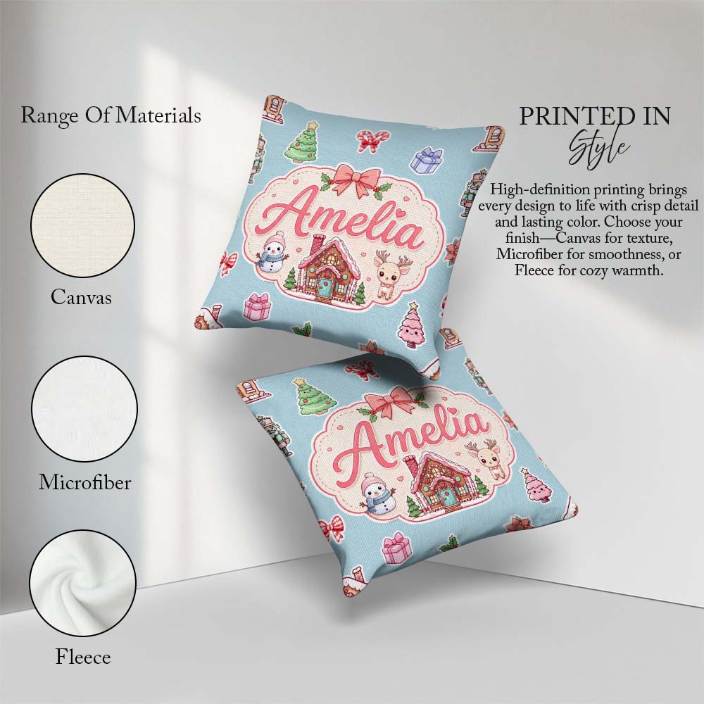Custom Name Christmas Festive Stickers Snowman Tree Pattern Blue Square Filled Cushion Throw Pillow Sofa Bed Home Decor Zip Washable UK Made