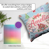 Custom Name Christmas Festive Stickers Snowman Tree Pattern Blue Square Filled Cushion Throw Pillow Sofa Bed Home Decor Zip Washable UK Made