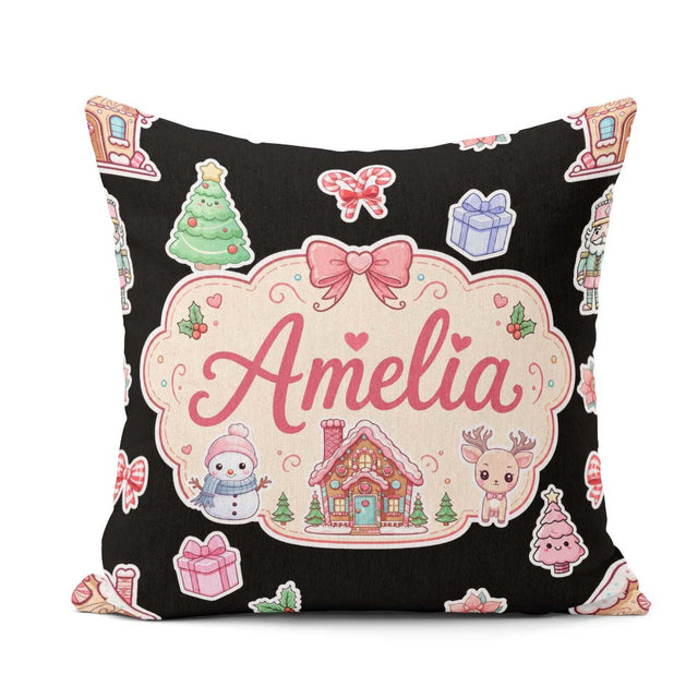 Custom Name Christmas Festive Stickers Snowman Tree House Black Square Filled Cushion Throw Pillow Sofa Bed Home Decor Zip Washable UK Made