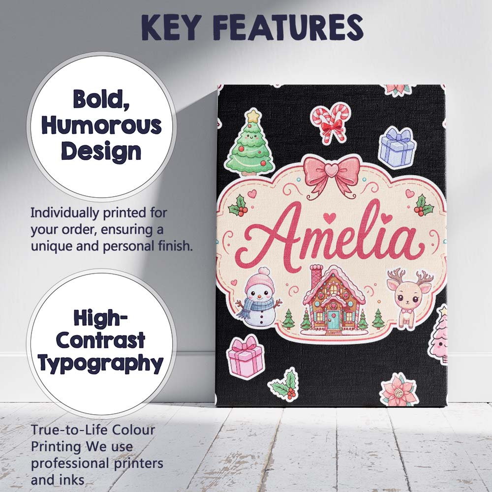 Personalised Name Cute Christmas Festive Custom  Unique Gift Idea Elegant Feature Canvas Wall Art Print Decor Picture Ready to Hang