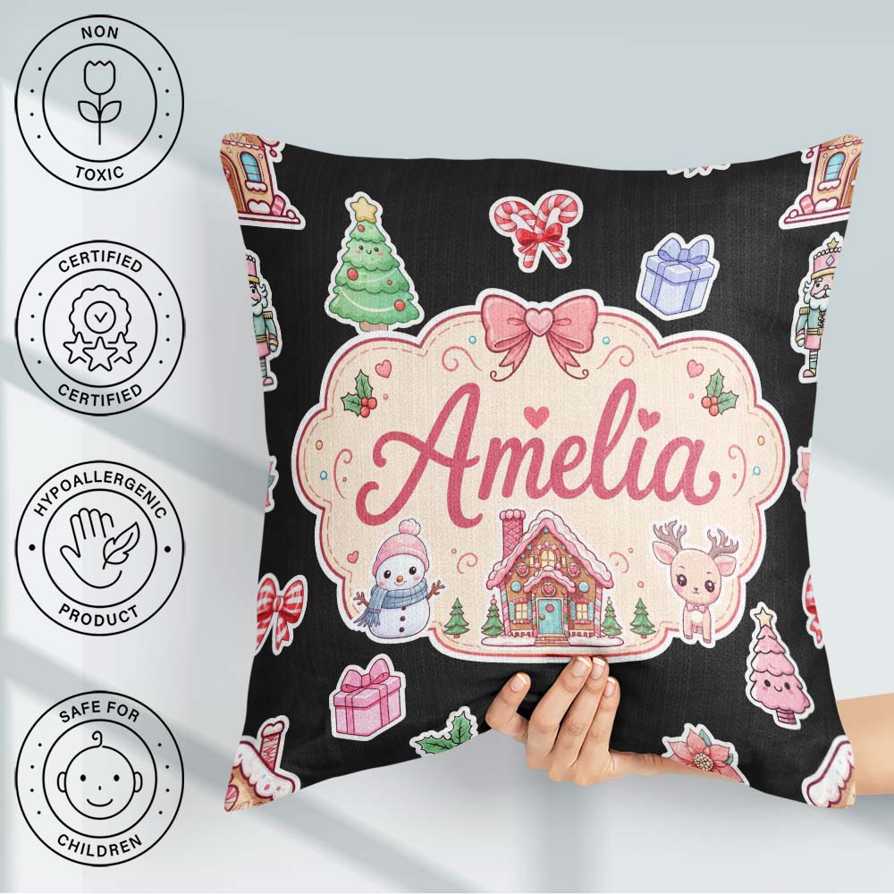 Custom Name Christmas Festive Stickers Snowman Tree House Black Square Filled Cushion Throw Pillow Sofa Bed Home Decor Zip Washable UK Made