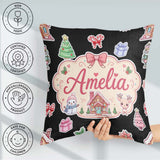 Custom Name Christmas Festive Stickers Snowman Tree House Black Square Filled Cushion Throw Pillow Sofa Bed Home Decor Zip Washable UK Made