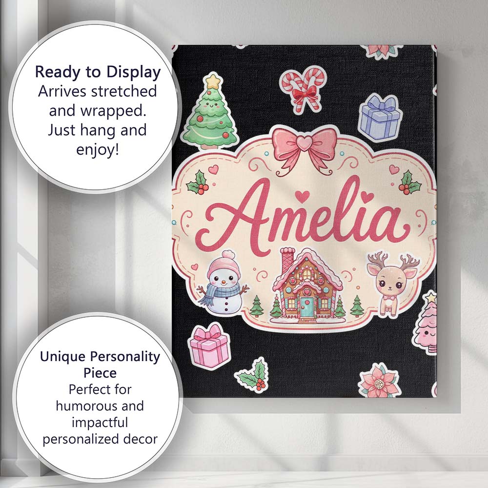 Personalised Name Cute Christmas Festive Custom  Unique Gift Idea Elegant Feature Canvas Wall Art Print Decor Picture Ready to Hang