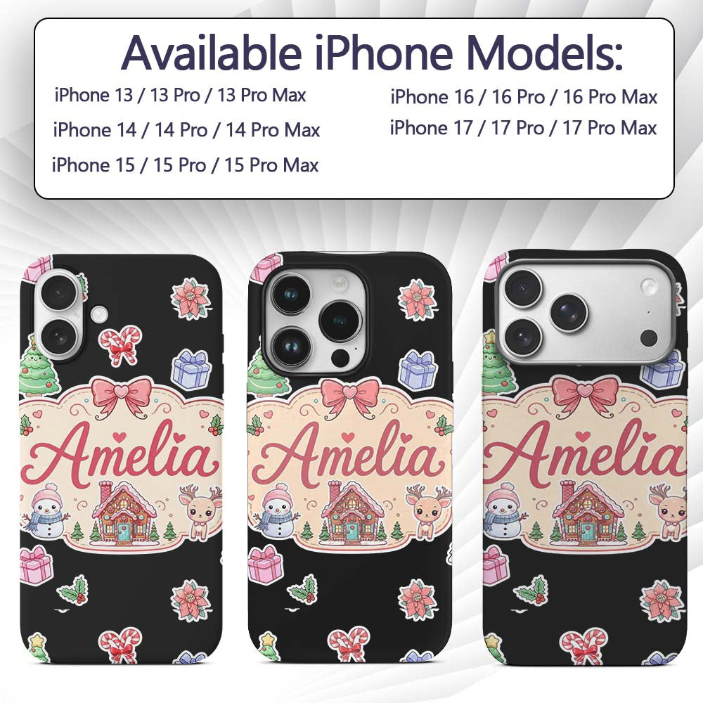 Cute Christmas Festive Stickers Snowman Tree Custom Name Protective Phone Case Mobile Cover Durable Everyday Smartphone Shock Resistant