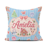 Custom Name Christmas Festive Gingerbread House Tree Blue Stripe Square Filled Cushion Throw Pillow Sofa Bed Home Decor Zip Washable UK Made