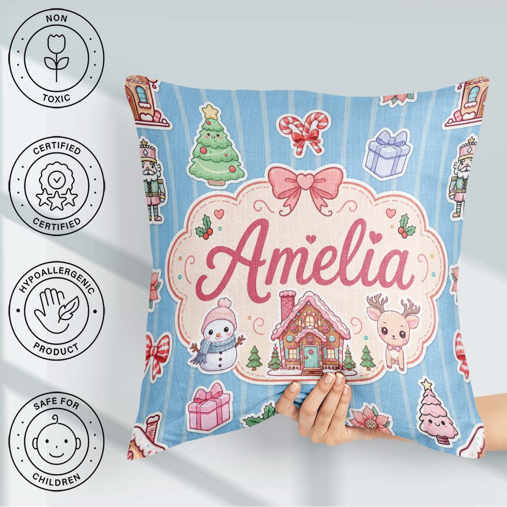 Custom Name Christmas Festive Gingerbread House Tree Blue Stripe Square Filled Cushion Throw Pillow Sofa Bed Home Decor Zip Washable UK Made