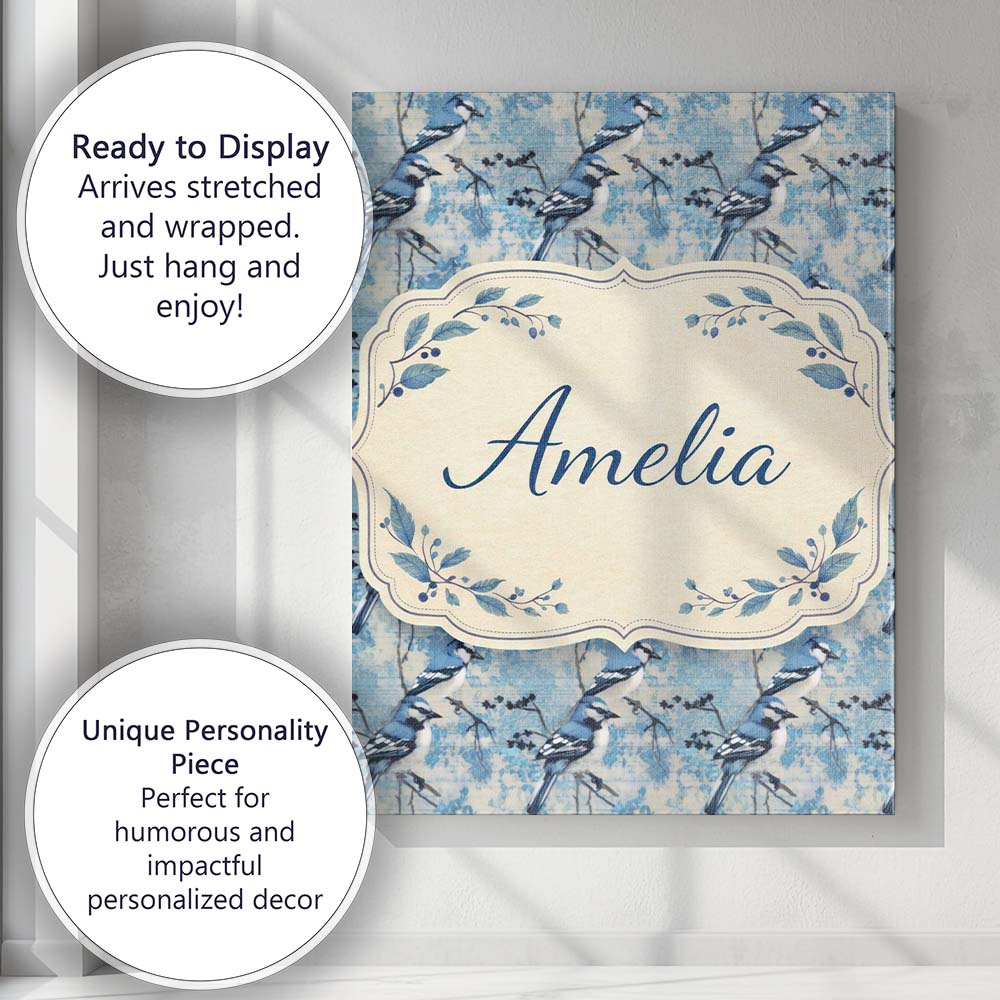 Personalised Name Blue Jay Bird Minimal Branch Blossom Seamless Soft Custom  Home Canvas Wall Art Print Decor Picture Ready to Hang