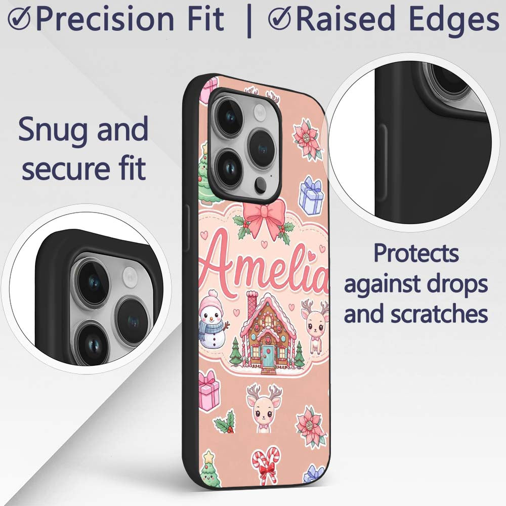 Cute Christmas Festive Stickers Gingerbread House Custom Name Protective Phone Case Mobile Cover Durable Everyday Smartphone Shock Resistant
