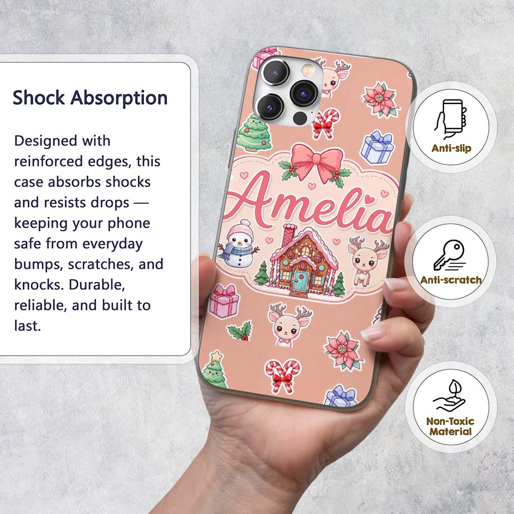 Cute Christmas Festive Stickers Gingerbread House Custom Name Protective Phone Case Mobile Cover Durable Everyday Smartphone Shock Resistant