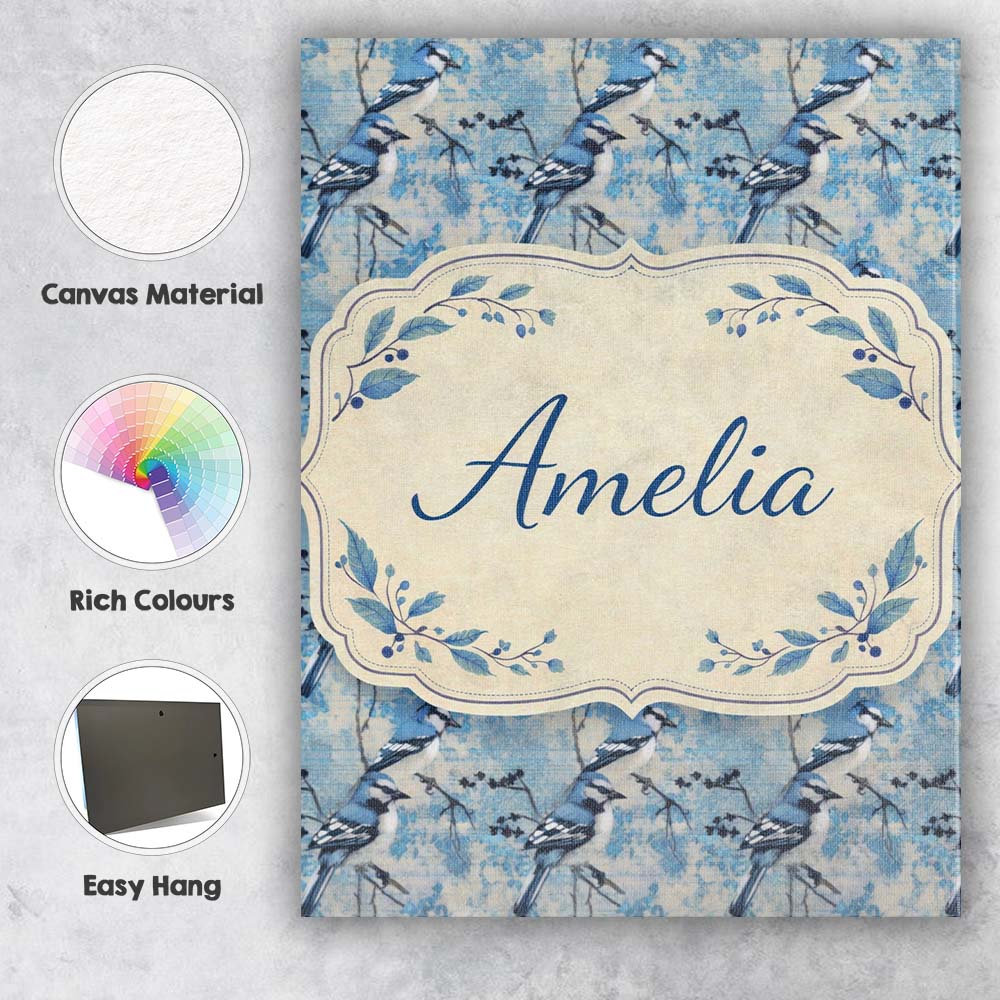Personalised Name Blue Jay Bird Minimal Branch Blossom Seamless Soft Custom  Home Canvas Wall Art Print Decor Picture Ready to Hang