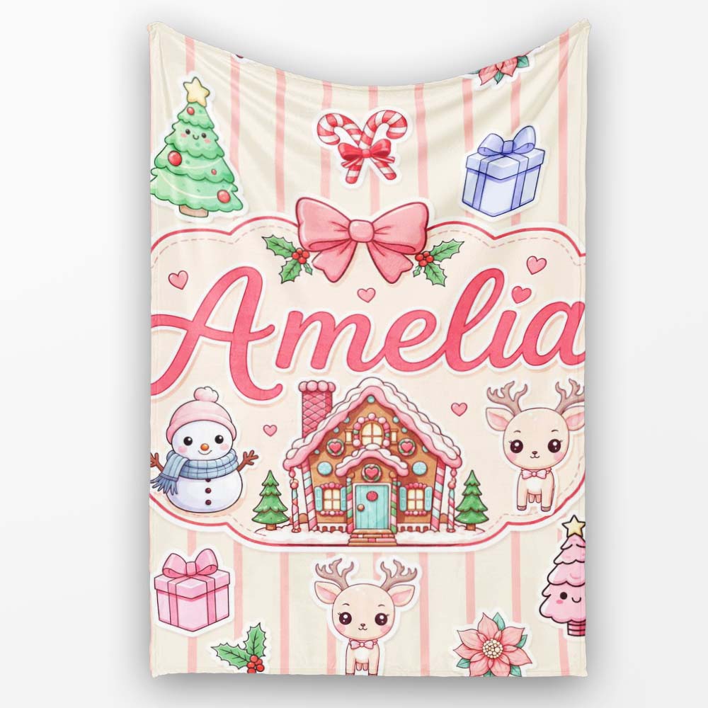 Cute Christmas Festive Stickers Gingerbread House Tree Cream Stripe  Personalised Custom Name Super Soft Fleece Blanket Bed Sofa Throw