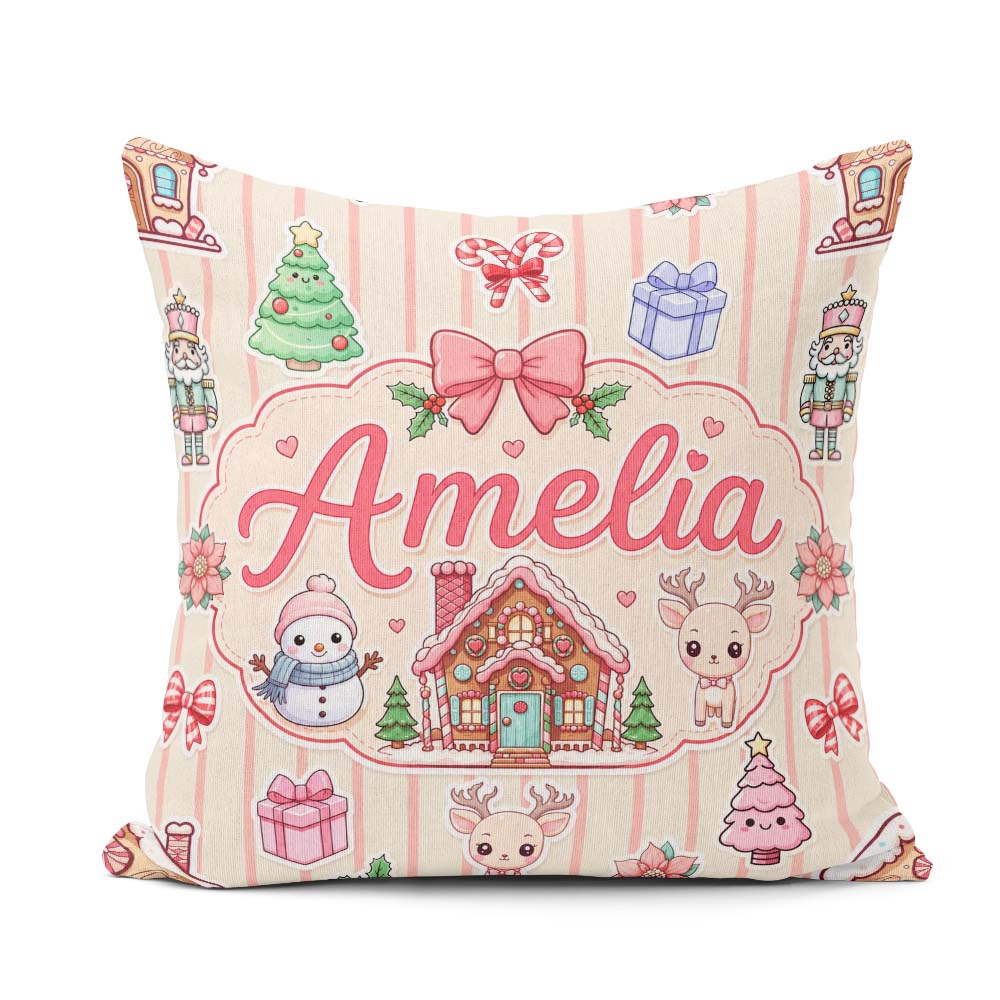 Custom Name Festive Stickers Gingerbread House Tree Cream Stripe Square Filled Cushion Throw Pillow Sofa Bed Home Decor Zip Washable UK Made