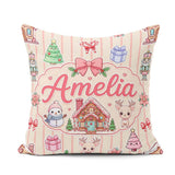 Custom Name Festive Stickers Gingerbread House Tree Cream Stripe Square Filled Cushion Throw Pillow Sofa Bed Home Decor Zip Washable UK Made