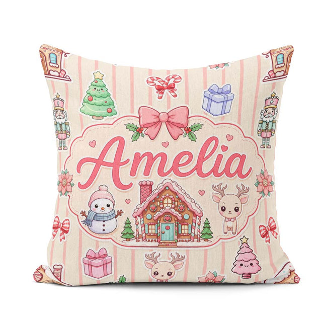 Custom Name Festive Stickers Gingerbread House Tree Cream Stripe Square Filled Cushion Throw Pillow Sofa Bed Home Decor Zip Washable UK Made