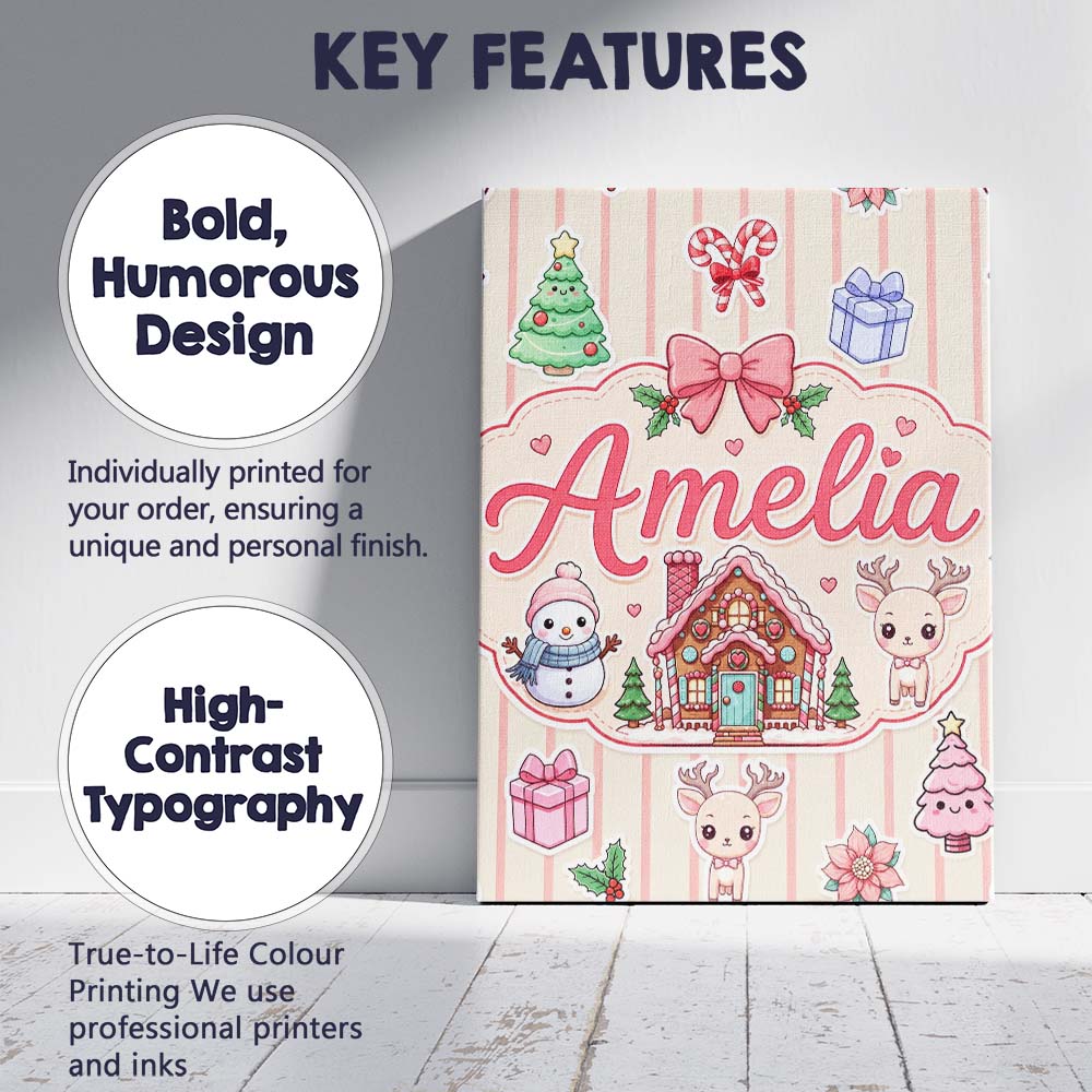 Personalised Name Cute Christmas Festive Custom  Unique Gift Idea Elegant Feature Canvas Wall Art Print Decor Picture Ready to Hang