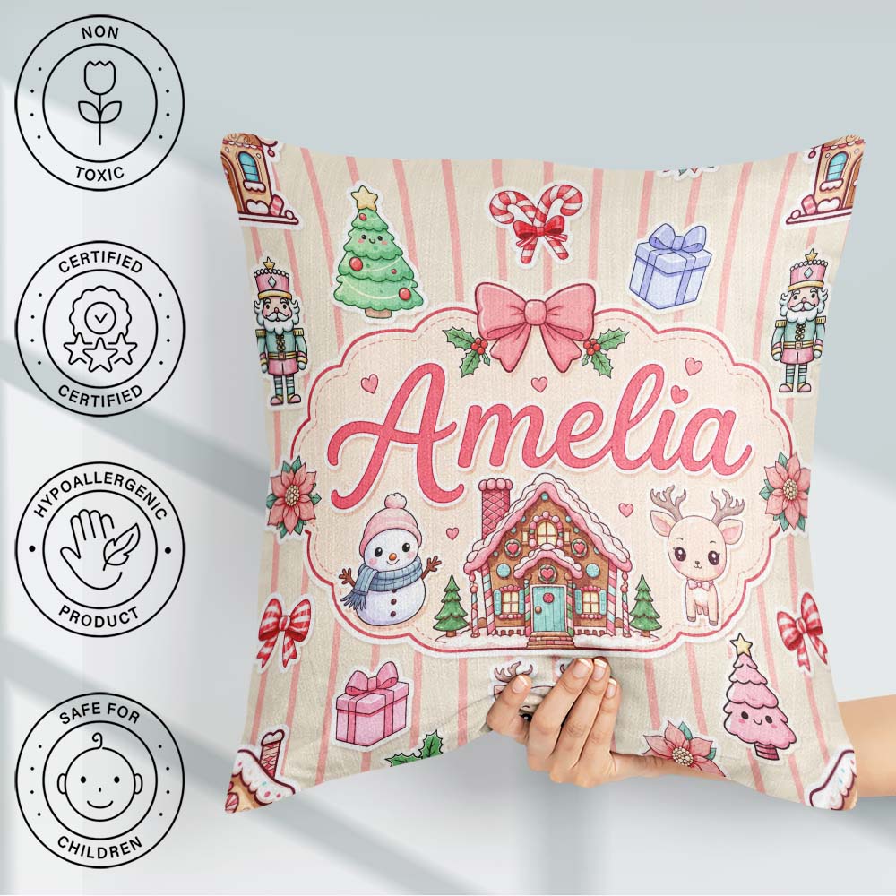 Custom Name Festive Stickers Gingerbread House Tree Cream Stripe Square Filled Cushion Throw Pillow Sofa Bed Home Decor Zip Washable UK Made