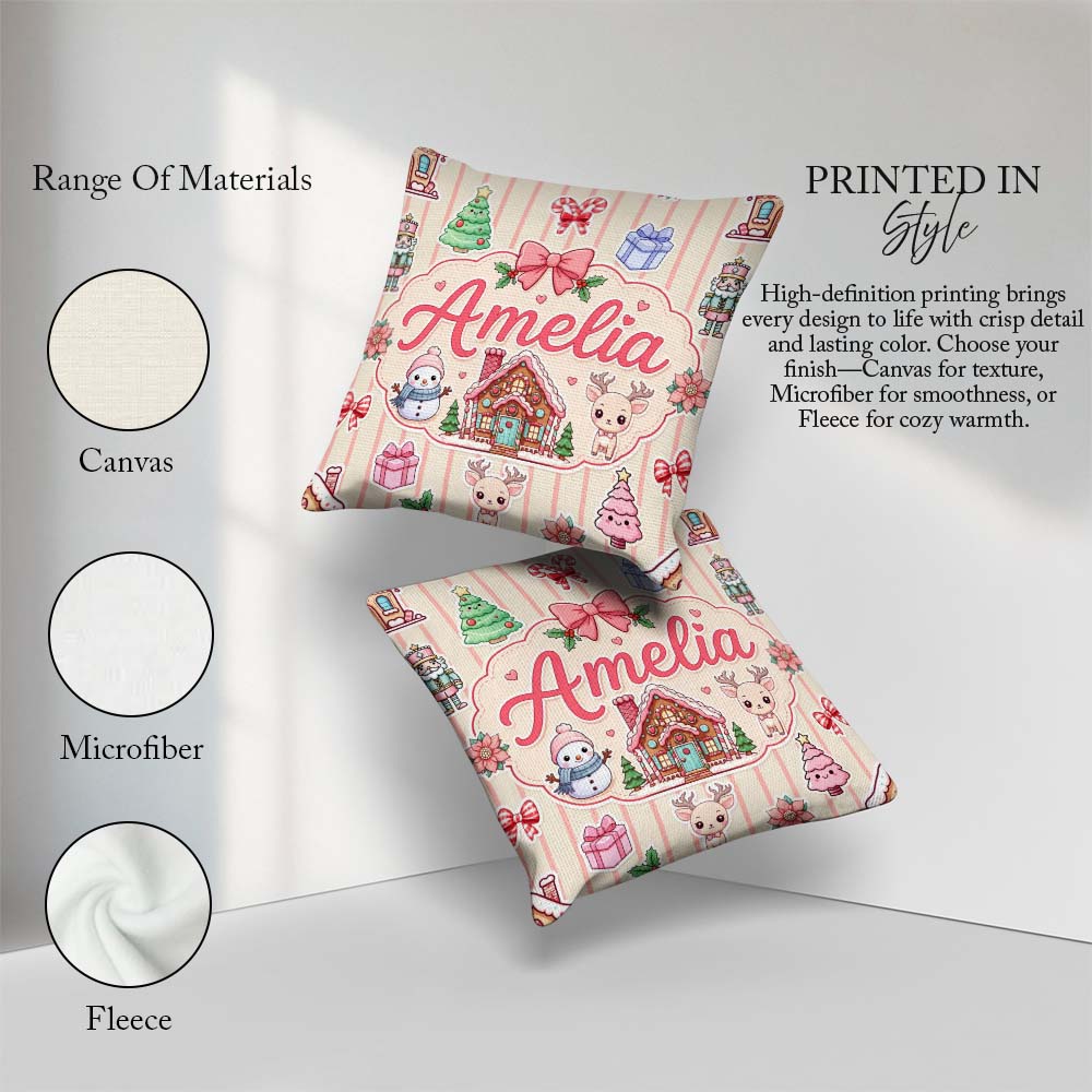 Custom Name Festive Stickers Gingerbread House Tree Cream Stripe Square Filled Cushion Throw Pillow Sofa Bed Home Decor Zip Washable UK Made