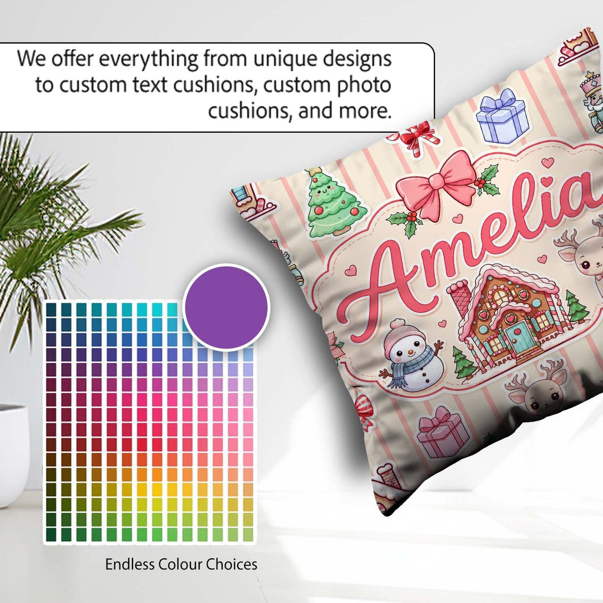 Custom Name Festive Stickers Gingerbread House Tree Cream Stripe Square Filled Cushion Throw Pillow Sofa Bed Home Decor Zip Washable UK Made