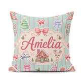Custom Name Christmas Festive Gingerbread House Tree Teal Stripe Square Filled Cushion Throw Pillow Sofa Bed Home Decor Zip Washable UK Made