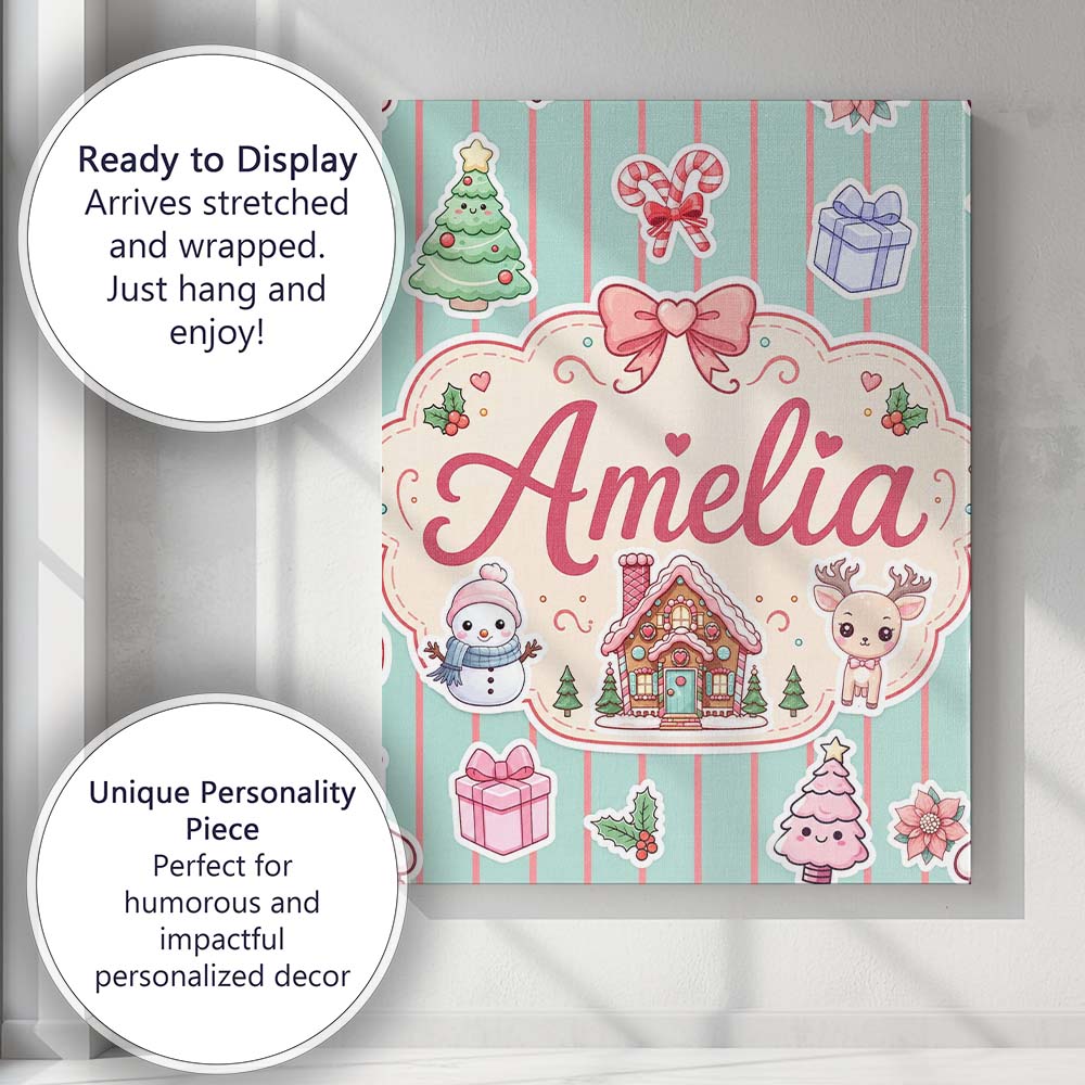 Personalised Name Cute Christmas Festive Custom  Unique Gift Idea Elegant Feature Canvas Wall Art Print Decor Picture Ready to Hang