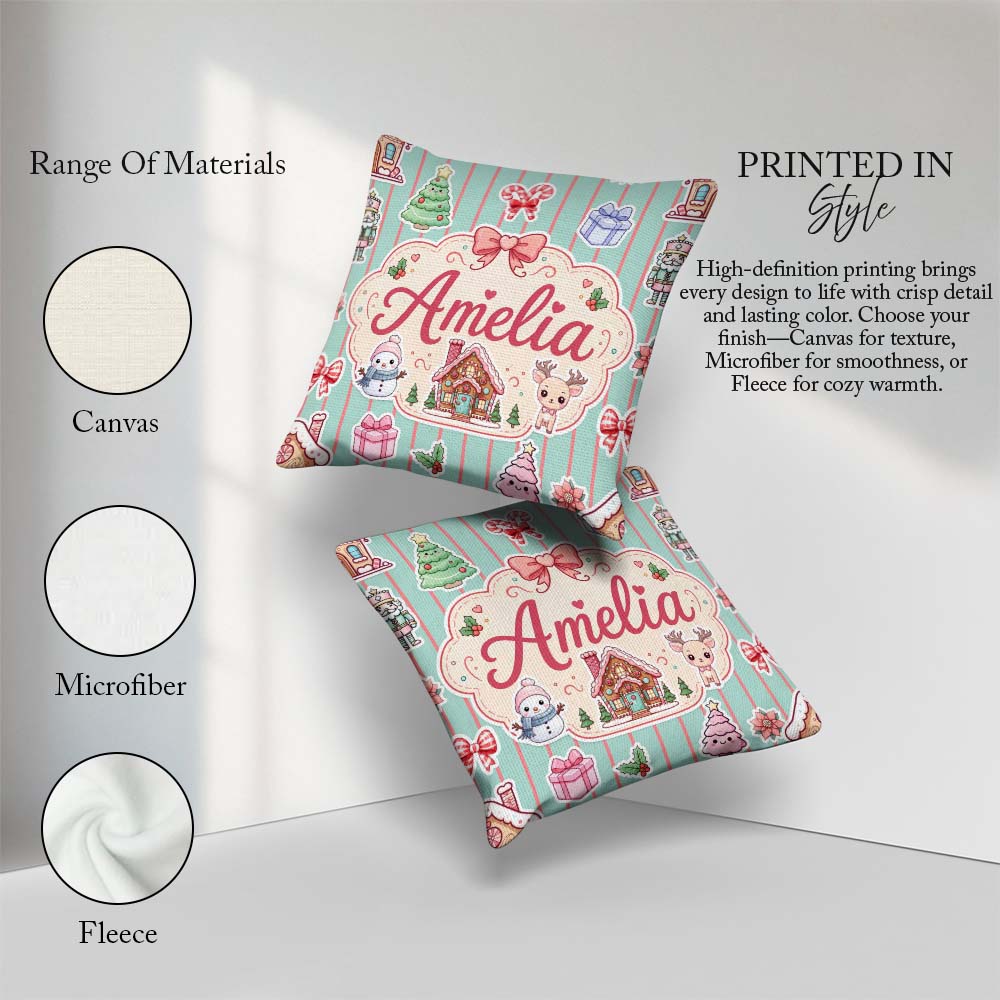 Custom Name Christmas Festive Gingerbread House Tree Teal Stripe Square Filled Cushion Throw Pillow Sofa Bed Home Decor Zip Washable UK Made