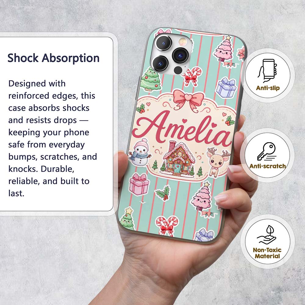 Cute Christmas Festive Stickers Gingerbread House Custom Name Protective Phone Case Mobile Cover Durable Everyday Smartphone Shock Resistant