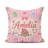 Custom Name Christmas Festive Gingerbread House Tree Pink Stripe Square Filled Cushion Throw Pillow Sofa Bed Home Decor Zip Washable UK Made