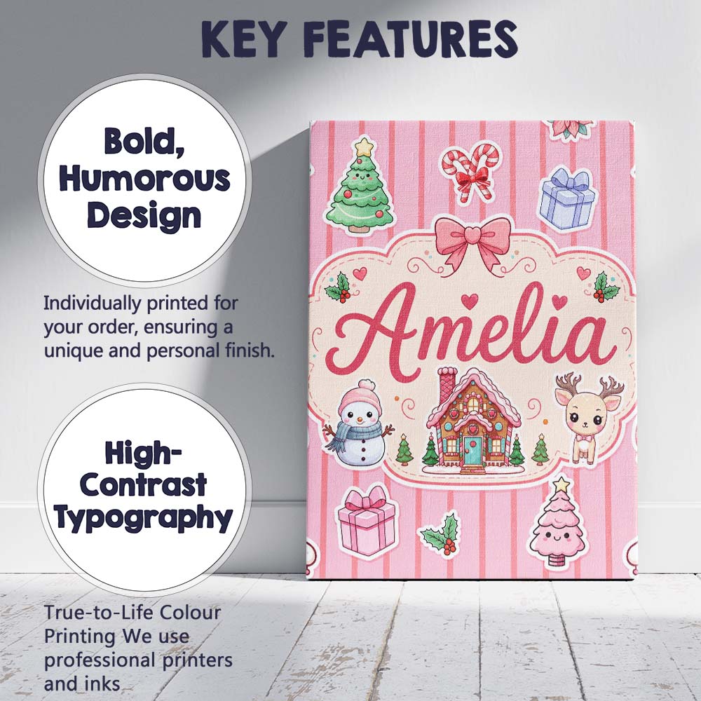Personalised Name Cute Christmas Festive Custom  Unique Gift Idea Elegant Feature Canvas Wall Art Print Decor Picture Ready to Hang
