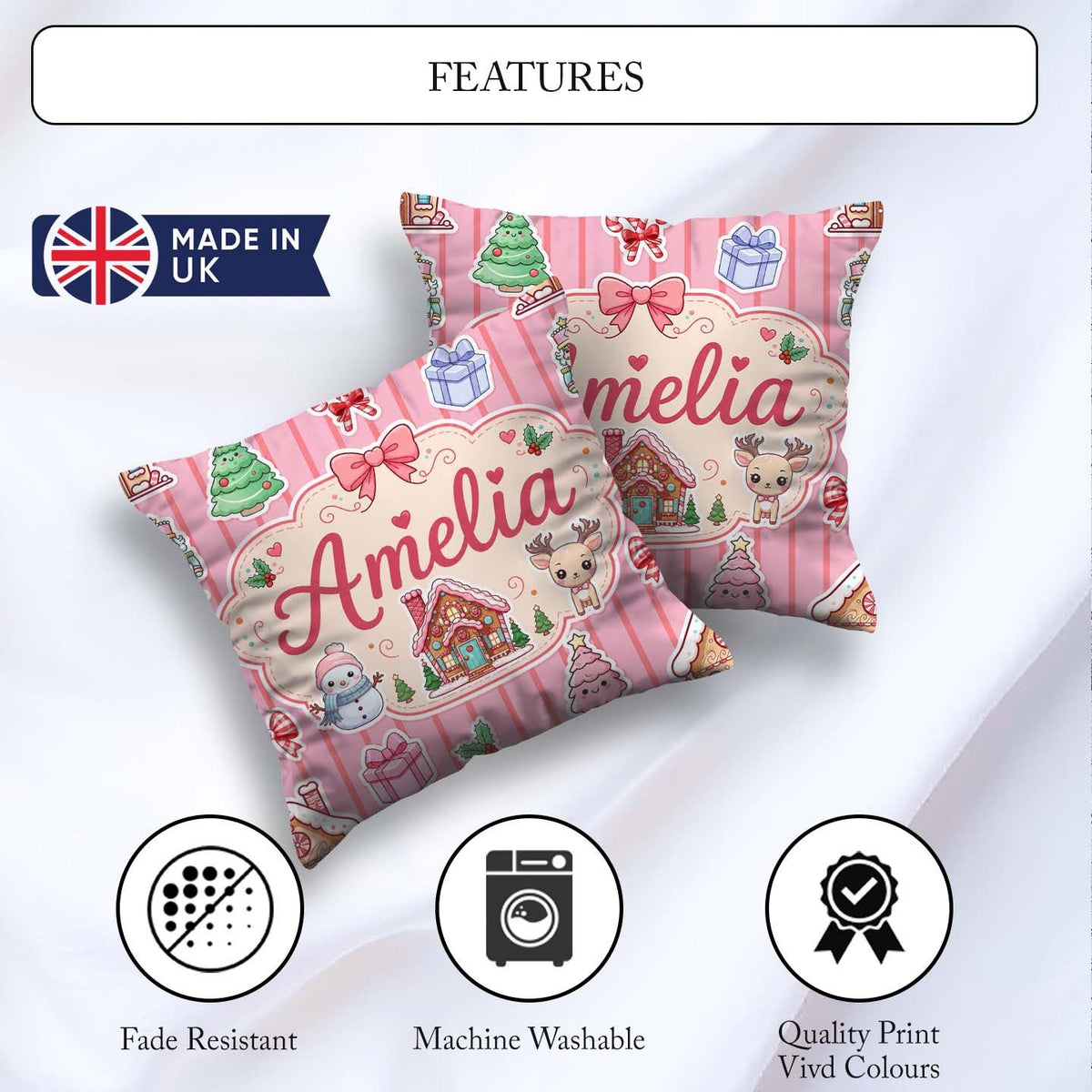 Custom Name Christmas Festive Gingerbread House Tree Pink Stripe Square Filled Cushion Throw Pillow Sofa Bed Home Decor Zip Washable UK Made