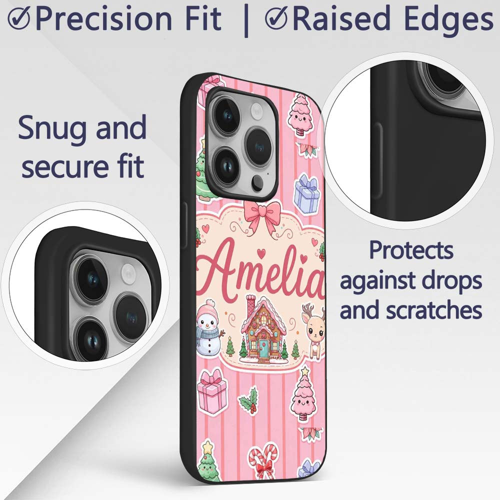 Cute Christmas Festive Stickers Gingerbread House Custom Name Protective Phone Case Mobile Cover Durable Everyday Smartphone Shock Resistant