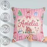 Custom Name Christmas Festive Gingerbread House Tree Pink Stripe Square Filled Cushion Throw Pillow Sofa Bed Home Decor Zip Washable UK Made