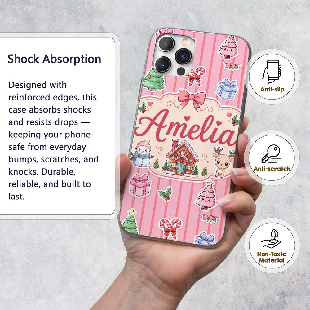 Cute Christmas Festive Stickers Gingerbread House Custom Name Protective Phone Case Mobile Cover Durable Everyday Smartphone Shock Resistant