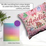 Custom Name Christmas Festive Gingerbread House Tree Pink Stripe Square Filled Cushion Throw Pillow Sofa Bed Home Decor Zip Washable UK Made