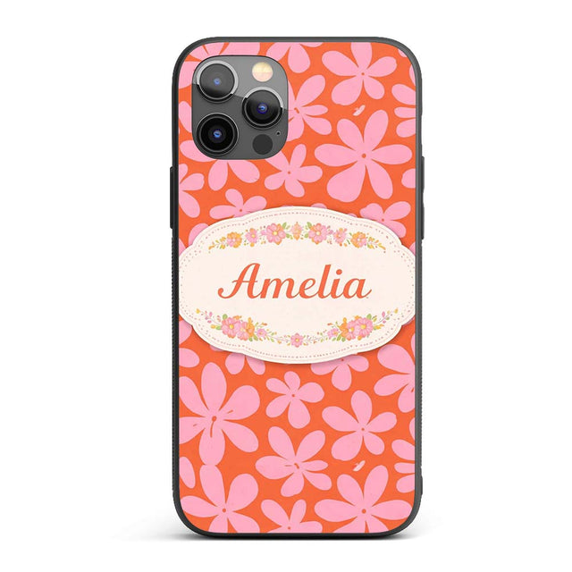 Bold Pink Floral Retro Orange Background Seamless Custom Name Protective Phone Case Mobile Cover Durable Everyday Smartphone Shock Resistant