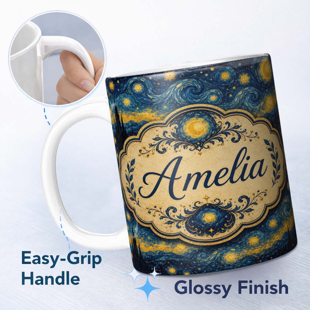 Personalized Custom Name Starry Night Landscape Seamless Pattern Artistic Blue Sky Texture 11oz Ceramic Coffee Tea Mug White Large Handle
