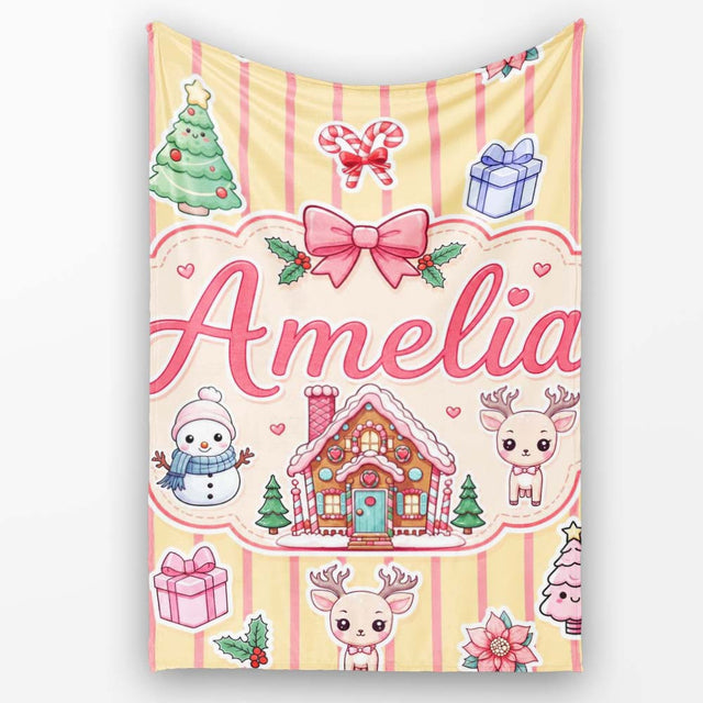 Cute Christmas Festive Stickers Gingerbread House Tree Yellow Stripe  Personalised Custom Name Super Soft Fleece Blanket Bed Sofa Throw