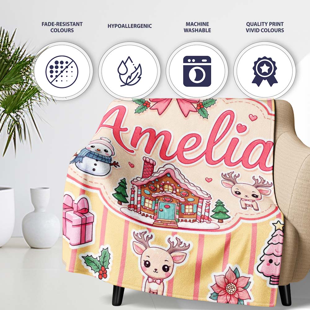 Cute Christmas Festive Stickers Gingerbread House Tree Yellow Stripe  Personalised Custom Name Super Soft Fleece Blanket Bed Sofa Throw