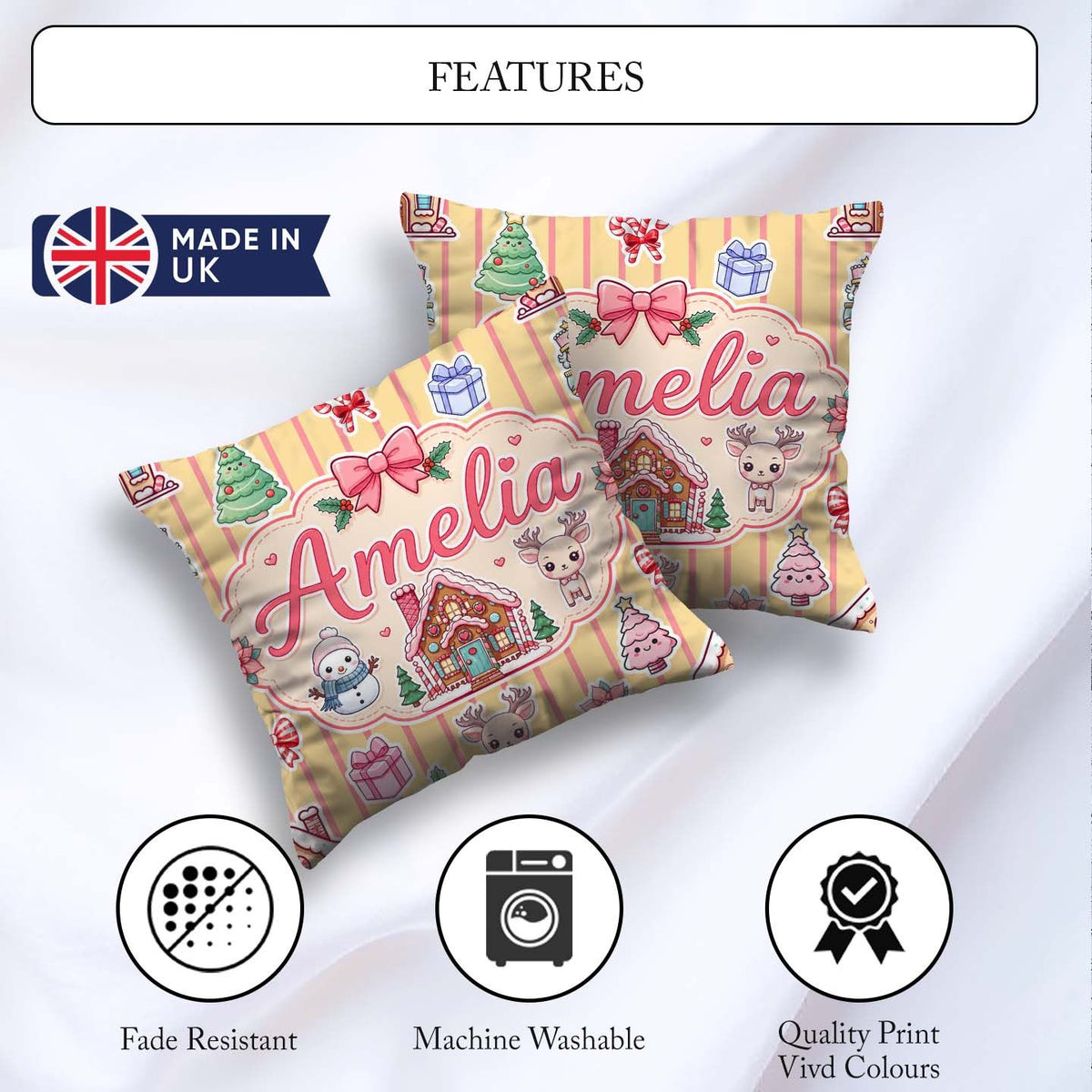Custom Name Christmas Festive Stickers House Tree Yellow Stripe Square Filled Cushion Throw Pillow Sofa Bed Home Decor Zip Washable UK Made