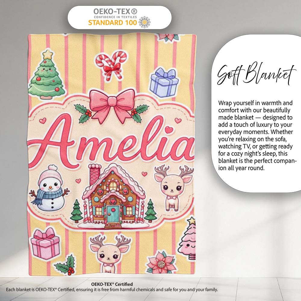 Cute Christmas Festive Stickers Gingerbread House Tree Yellow Stripe  Personalised Custom Name Super Soft Fleece Blanket Bed Sofa Throw