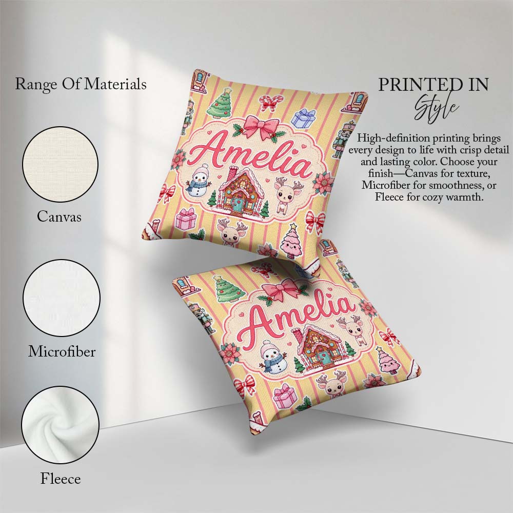 Custom Name Christmas Festive Stickers House Tree Yellow Stripe Square Filled Cushion Throw Pillow Sofa Bed Home Decor Zip Washable UK Made