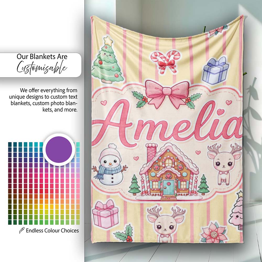 Cute Christmas Festive Stickers Gingerbread House Tree Yellow Stripe  Personalised Custom Name Super Soft Fleece Blanket Bed Sofa Throw
