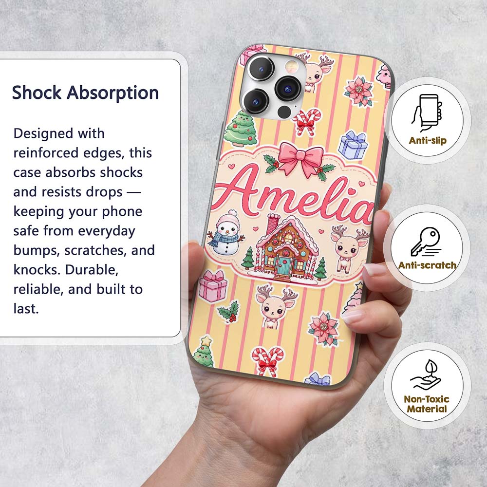 Cute Christmas Festive Stickers Gingerbread House Custom Name Protective Phone Case Mobile Cover Durable Everyday Smartphone Shock Resistant
