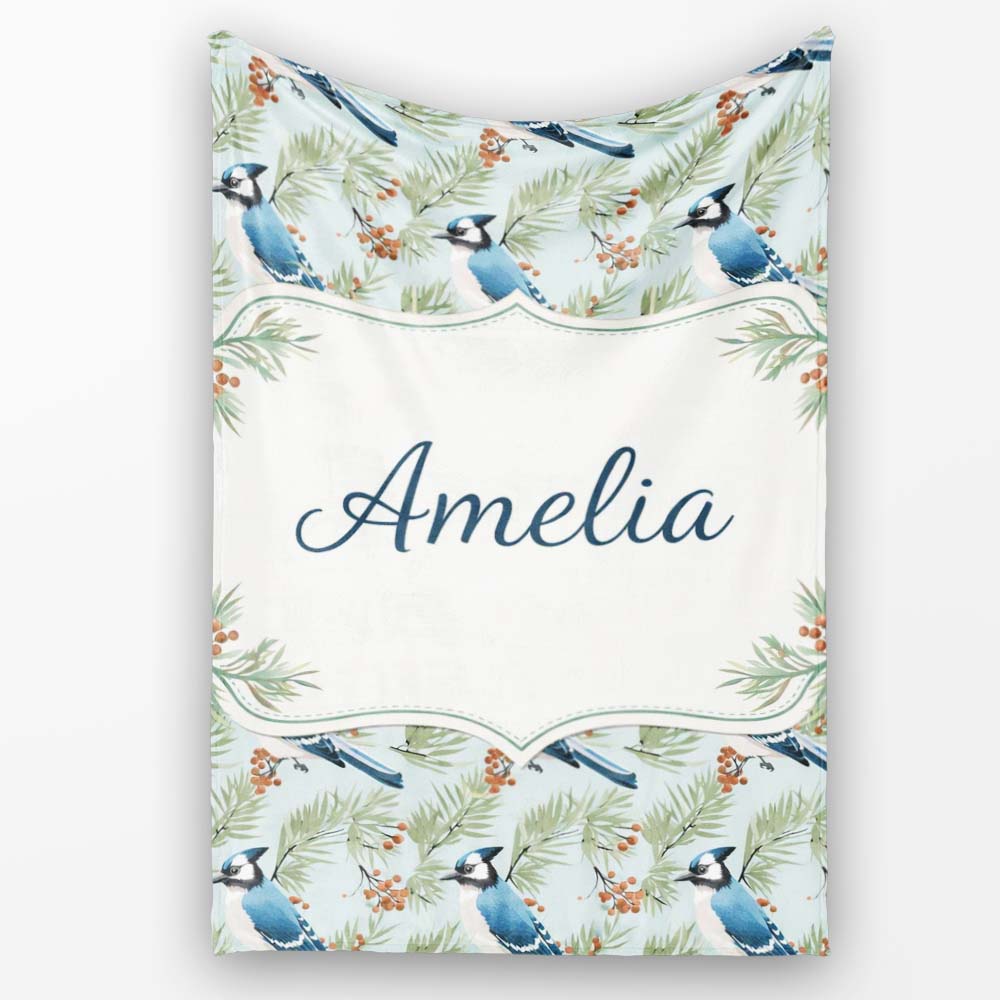 Blue Jay Bird Watercolor Branch Artistic Nature Background Design  Personalised Custom Name Super Soft Fleece Blanket Bed Sofa Throw