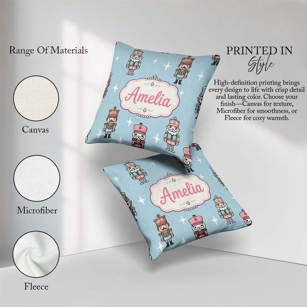 Custom Name Nutcracker Soldiers Toy Characters Pattern Soft Blue Square Filled Cushion Throw Pillow Sofa Bed Home Decor Zip Washable UK Made