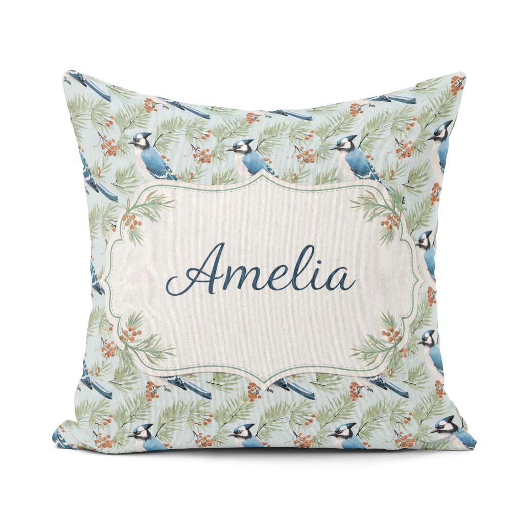 Custom Name Blue Bird Watercolor Branch Nature Background Design Square Filled Cushion Throw Pillow Sofa Bed Home Decor Zip Washable UK Made