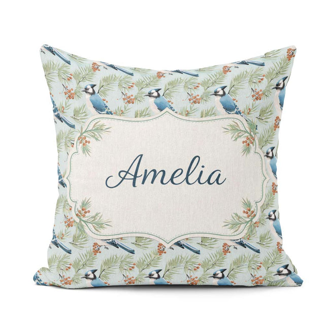 Custom Name Blue Bird Watercolor Branch Nature Background Design Square Filled Cushion Throw Pillow Sofa Bed Home Decor Zip Washable UK Made